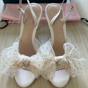 Kate Spade “Bridal Bow” ivory slingback heels – mesh bow & gold polka dots